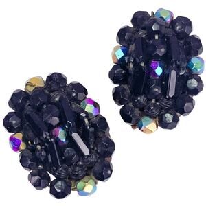 VTG Western German Glass AB Jet Black Cluster Clip On Earrings 1960s Cocktail